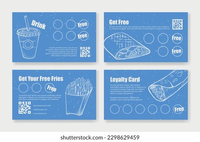 Fast food loyalty card paper coupon template for getting free engraved design set vector illustration. Drink soda beverage roll french fries voucher for collect stickers stamp marketing discount flyer