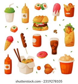 Fast Food Lunch with Cooked Hamburger, Soda and Chinese Noodles Vector Set