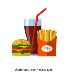 Fast food lunch with french fries, hamburger and drink in a glass with a straw. Vector illustration in flat design