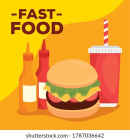 fast food, lunch or meal, hamburger with beverage and bottles sauce vector illustration design
