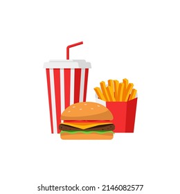 Fast food lunch meal set. Classic burger, french fries pack, soda drink. Flat vector illustration