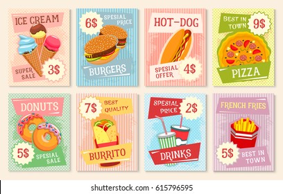 Fast food lunch menu poster with price set. Hamburger, pizza, hot dog, sweet soda drinks, meat burrito, donut and ice cream cone retro banner for fast food restaurant design