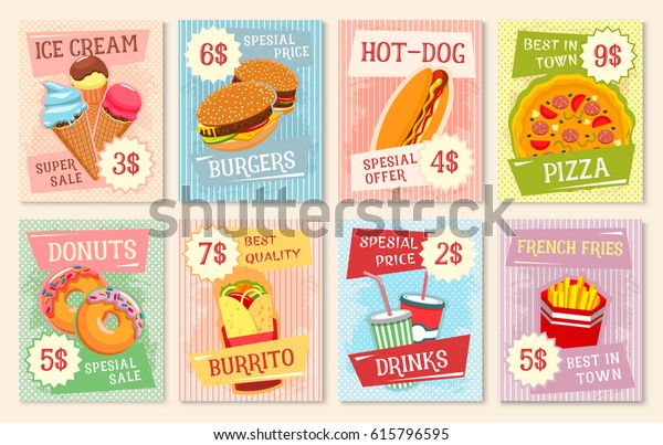 Fast food lunch
menu poster with price set. Hamburger, pizza, hot dog, sweet soda
drinks, meat burrito, donut and ice cream cone retro banner for
fast food restaurant
design
