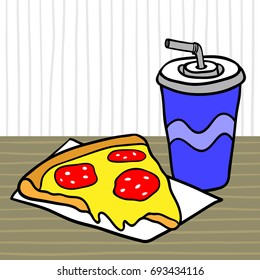 Fast food. Lunch with pizza and beverage lies on a table in a cafe. Vector Illustration