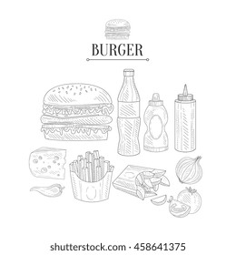 Fast Food Lunch Set Hand Drawn Realistic Sketch