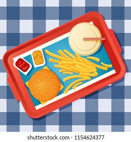 Fast food lunch. Vector icon, poster template. Cheeseburger, drink, french fries and open dip packets with ketchup and mustard on a tray. Top view. Checkered tablecloth on a background.