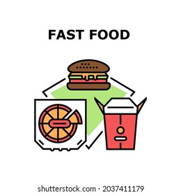Fast Food Lunch Vector Icon Concept. Tasty Pizza And Chinese Nutrition Package, Fatty Fresh Hamburger, Cheeseburger And Burger Fast Food Lunch. Junk Fat Eatery Snack Color Illustration