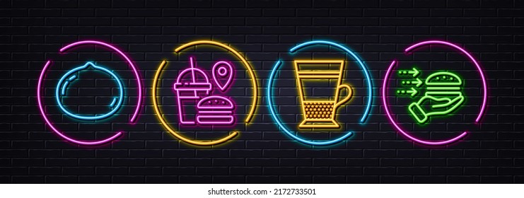Fast food, Macadamia nut and Double latte minimal line icons. Neon laser 3d lights. Food delivery icons. For web, application, printing. Meal order, Tea cup, Hand hold burger. Vector
