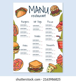 Fast food main menu template mock for cafe and restaurant design for print