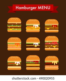 fast food many kind of burger delicious vector illustration flat design 