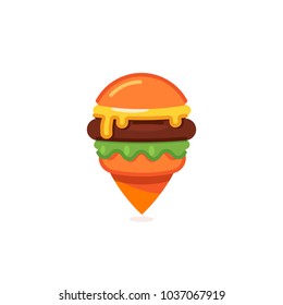 Fast food map marker icon, burger bar, fastfood restaurant pin logo template, cheeseburger vector illustration on white background.