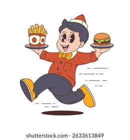 Fast food mascot in red uniform and yellow shoes carrying fries and burger with dynamic pose and joyful expression. Ideal for food branding and marketing. Vector illustration