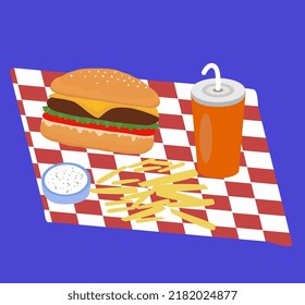 Fast Food Meal of Burger, Soda, French Fries and sauce vector illustration. Tasty food lies on a checkered napkin.