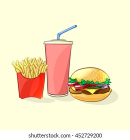 Fast food meal in cartoon style. Beverage cup with burger and french fries Vector illustration