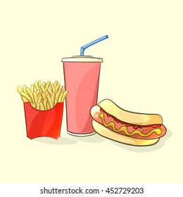 Fast food meal in cartoon style. Beverage cup with french fries and hot dog. Vector illustration