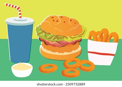 FAST FOOD MEAL Chicken burger, fries, and drink.
Hand-made vector illustration, perfect for print and digital: branding, menus, posters, banners, and social media.