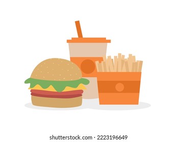 Fast food meal colorful burger french fries and soda