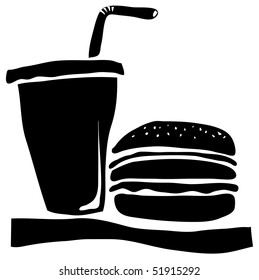 fast food meal consisting of a hamburger and cola milk sick fast rapid meat seed fat american food dining eating feeding dine fatness caricature supper painting unwell greasy diner comic obese fatty i