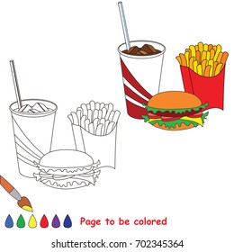 Fast Food Meal - hamburger, drink and fried potato to be colored, the coloring book for preschool kids with easy educational gaming level.