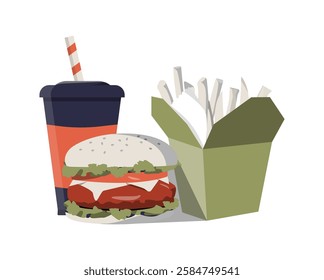 Fast Food Meal With Hamburger, French Fries, And Soda In Flat Vector Illustration Symbolizing Takeaway, Quick Bites, And Junk Food, Isolated On White Background.