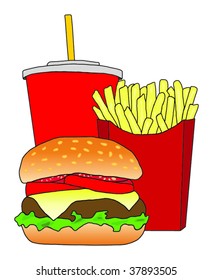 Fast food meal with hamburger, French Fries and a Cola