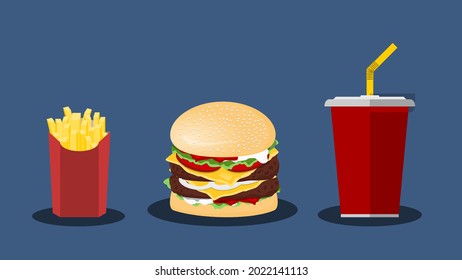 Fast food meal. Hamburger menu, french fries, burger, and soda. Blue background.
