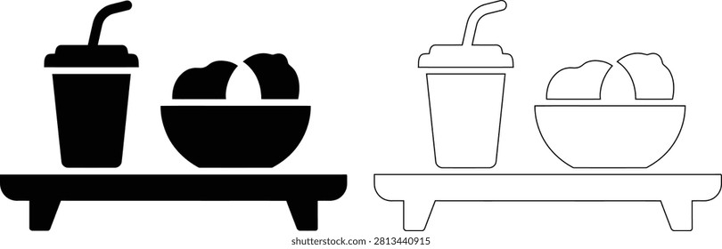 Fast food meal icon set featuring a drink cup and bowl of snacks on a tray fastfood beverage restaurant snacktime takeaway container silhouette junkfood