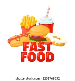 Fast food meal isolated on white background. Cartoon vector illustration