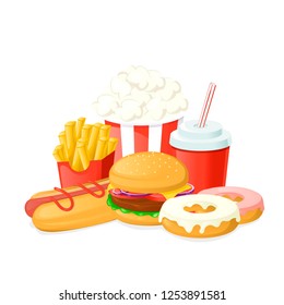 Fast food meal isolated on white background. Cartoon vector illustration