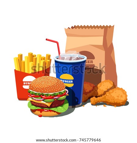 Fast food meal set with classic American cheese burger with grilled meat, fried crispy chicken leg tenders, french fries and soft drink cup. Flat style vector illustration isolated on white background