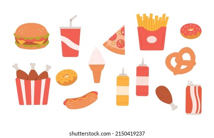 Fast food meal set. Hamburger,beverage,pizza,french fries, glazed donut,fried crispy chicken leg, hotdog, soda, ice cream, mustard, ketchup and pretzel on isolated. Colored flat vector illustration.