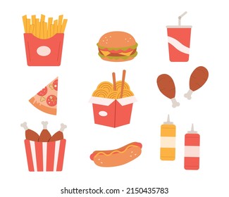 Fast food meal set. Hamburger,beverage,pizza,french fries, fried crispy chicken leg, hotdog, soda, mustard, ketchup and noodles on isolated. Colored flat vector illustration.