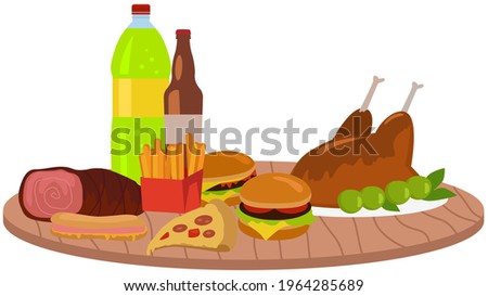 Fast food meal set on table. Classic cheese burger with grilled meat, french fries, grilled chicken and sausage, hot dog, pizza and soft drink cup. Fatty unhealthy high-calorie foods isolated on white