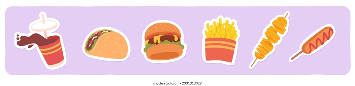 Juego de stickers de comida rápida. Hamburguesa deliciosa, sándwich, hamburguesa, bebida, hamburguesa con queso, patatas fritas, tentempiés para almorzar con papas tornadas. Alimentos no saludables para comida basura para llevar, menú de restaurante ilustración vectorial plana