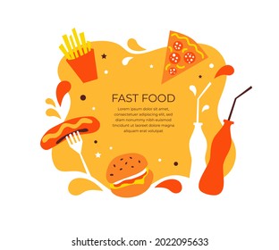 Fast food meal template, vector icons and text. Hot dog sausages, cheese burger, pizza pepperoni, french fries, bottles drink. Banner for street food festival, menu, poster, ad. Fastfood illustration