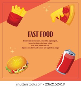 Fast food meal template, vector icons and text. Cheese burger, pizza pepperoni, french fries, soda can. Banner for street food festival, menu, poster, ad. Fastfood illustration