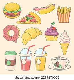 Elementos de diseño de vectores de menú de comida rápida y estilo de caricatura de conjunto de iconos aislados en fondo blanco. Comida y bebidas.