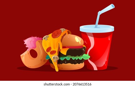 Fast food meals burger, pizza slice, donut and cola in red plastic cup with straw. Fastfood combo menu , takeaway restaurant, cafe, bistro dishes, unhealthy junk nutrition, Cartoon vector illustration