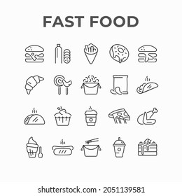 Fast food meals and drinks icon design. Unhealthy food products restaurant vector icons. Junk food menu, dish, lunch including burger, french fries, pizza, sweets