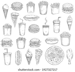 Fast Food Meals, Drinks And Snacks Sketches. Hamburger, Hotdog And Tacos, French Fries And Popcorn Bucket, Pizza Piece, Chicken Drumstick And Hot Tea Or Coffee, Ice Cream, Soda Engraved Vectors Set