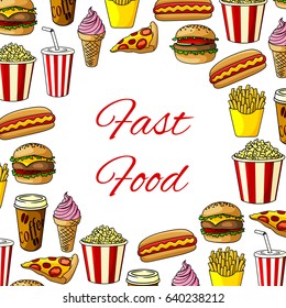 Fast food meals poster of fastfood burgers, snacks and drinks. Vector pizza slice and hamburger or hot dog, coffee and donut dessert with ice cream and french fries. Restaurant menu design template