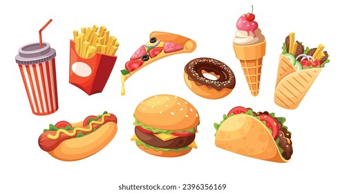 Fast Food Meals Set. Burger, French Fries, Pizza, And Ice Cream. Cola Cup, Hotdog, Tacos With Donut And Shawarma