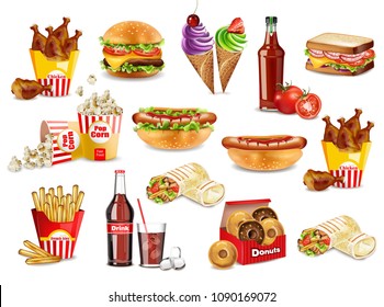 Fast food meals set collection Vector. Realistic detailed collection banner with hotdog, burger, sanwich, french fries, donuts, ice cream, pop corns