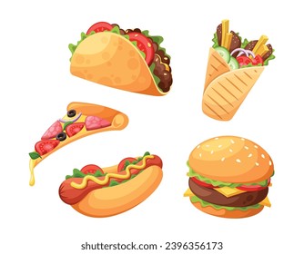 Fast Food Meals Set, Culinary Delight Of Quick Bites, Boasts Convenience And Indulgence. Burger, Pizza, Taco, Hotdog