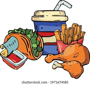 Fast food meals and snacks . sandwich, fried chicken legs , sweet drink. Street or takeaway food. Vector illustration