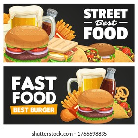 Fast food meals and snacks vector banner. Beer tankard, beef and turkey hamburger, sandwich, burrito and tacos, french fries, fried chicken legs and onion rings, sweet drink. Street or takeaway food