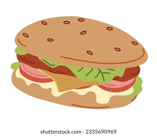 Fast food meat product with bun and salad leaves, tomato slices and onion, cheese and sesame seeds. Organic and tasty meal, grab and go in street kiosks or trucks, diner. Vector in flat style