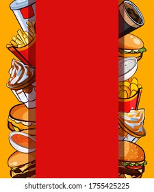 Fast food menu background vector. Cartoon style outline illustration. Traditional american fastfood.