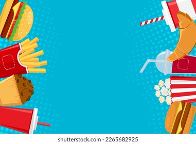 Fast food menu banner, comic background, hamburger, cake, friend fries, soda, sandwich, croissant, popcorn, juice. American food and drink border. Cartoon illustration in pop art style