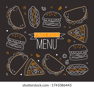 Fast Food Menu Banner Template with Burger, Pizza, Hot Dog, Tacos, Restaurant or Cafe Design Element Linear Vector Illustration